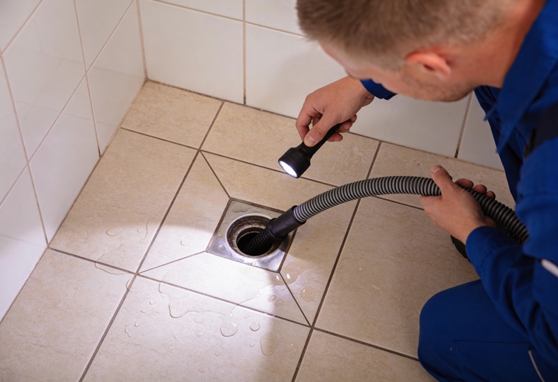 Plumber snaking a clogged floor drain