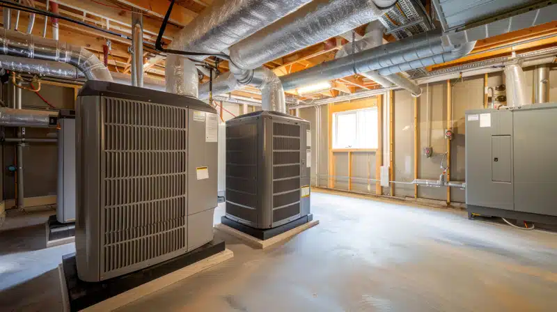 Indoor heat pump units in a building under construction