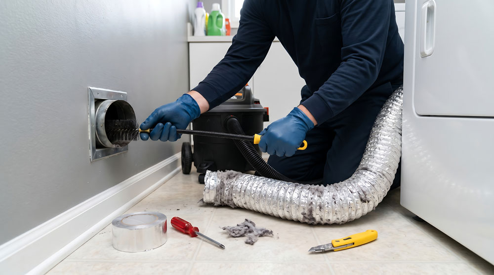 Technician cleaning a dryer vent